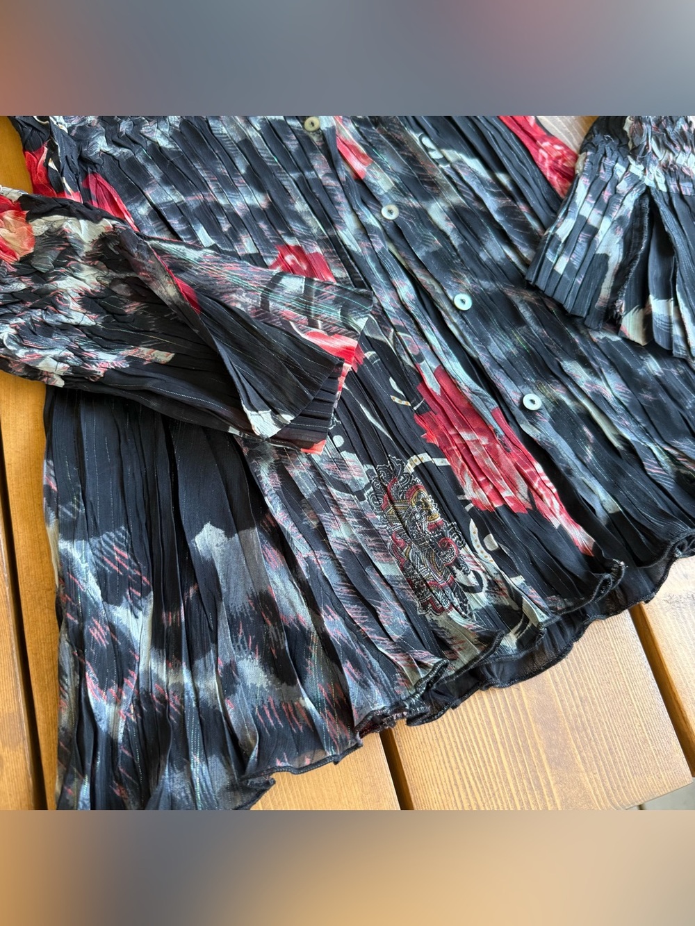 Vintage Alberto Makali Whimsygoth Crinkle Floral Button Front top L 90s Y2K - Picture 5 of 9